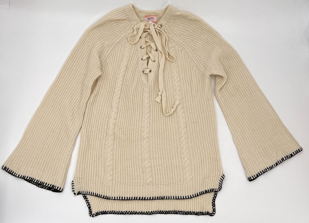 Wishful Thinking Sweater Womens Medium Large Beige Waffle Knit Boho Whimsical